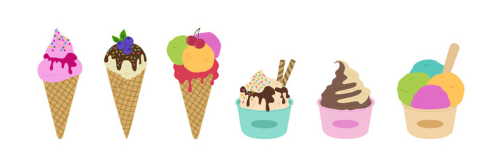 Set of various ice creams. Popsicle, waffle cones, fruit ice, sundae with nut. Sweet refreshing food, frozen dessert. Hand drawn vector illustration isolated on white background, flat cartoon style.