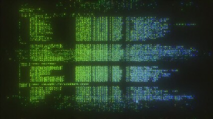 4K Green and blue digital code glitch with CRT compression artifacts and pixel breakdown for cyberpunk motion graphics, matrix-style UI overlays, dystopian tech loops - Powered by Adobe