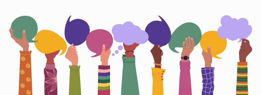 Multiracial hands holding speech bubbles, ideas exchange. Concept of teamwork, cooperation and communication. Hand drawn vector vector illustration isolated on white background, flat cartoon style.