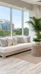 Neutral-Toned Waiting Area with Modern Sofa and City View
