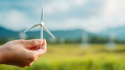 A hand holds a small model wind turbine, symbolizing renewable energy in a green landscape with distant turbines.