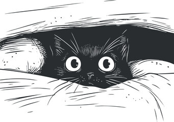 Black cat peeking out from under a cozy blanket with wide curious eyes