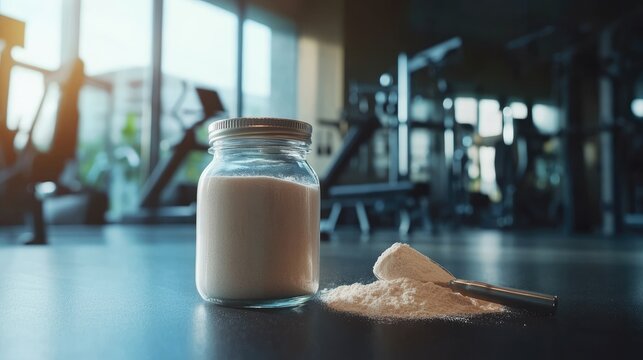 protein powder scoop is placed beside jar in gym setting, highlighting fitness and nutrition. backdrop features gym equipment, creating inspiring atmosphere for workouts