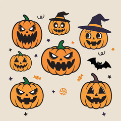 Set of  halloween ghosts. Halloween scary spirits with pumpkins in different poses. Halloween ghosts isolated flat vector illustrations.