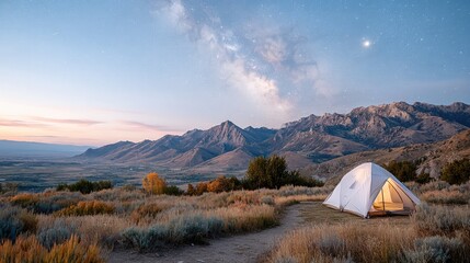 Night Camping Under Milky Way Galaxy Over Majestic Mountains