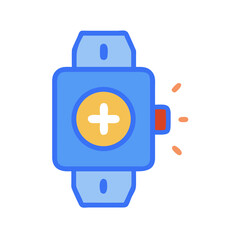 Blue medical smartwatch displays plus sign on dark backdrop