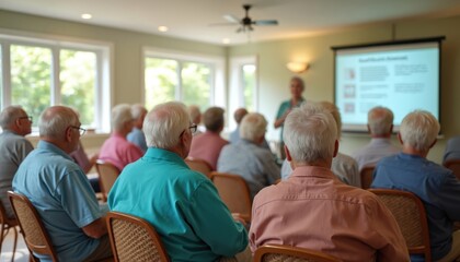 Seniors attend Social Security benefits workshop at community center. Speaker presents info on screen. Adults listen and learn about financial planning. Education session for elderly group.