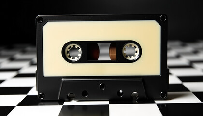 Obraz premium Vintage audio cassette standing upright on checkered surface. Retro music and nostalgia content for world music day and cassette revival campaigns. Sharing knowledge and retro vibes