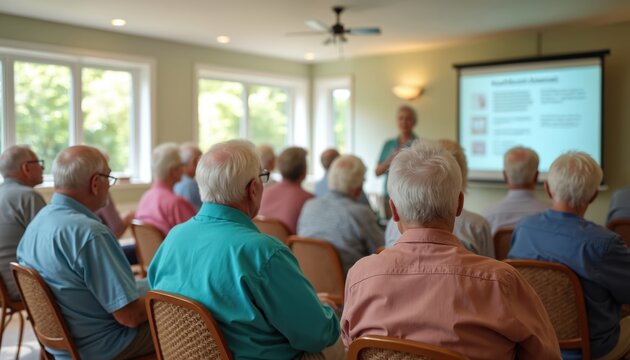 Seniors attend Social Security benefits workshop at community center. Speaker presents info on screen. Adults listen and learn about financial planning. Education session for elderly group.