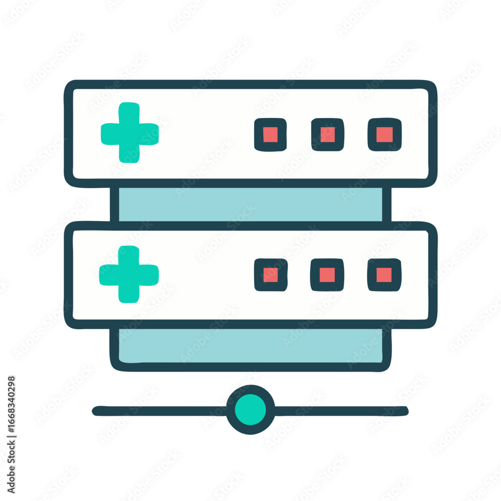 Poster server infrastructure diagram with plus sign and cube element