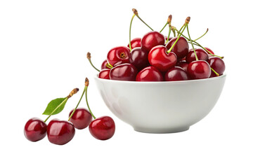 Fresh red cherries in white bowl on transparent background