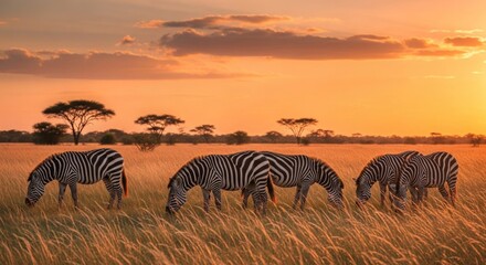 A group of zebras grazing in a field of tall grass at sunset with trees in the background landscape