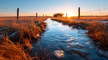 A serene stream gently flows through a field of golden grasses as the sun sets on the horizon, creating a picturesque scene that encapsulates the beauty of nature's tranquility.