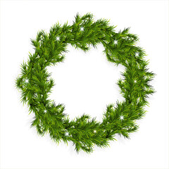 Vector realistic christmas wreath with fir branches. Glowing Christmas lights. Christmas tree decoration. Winter season festive frames on white background. Holiday Pinaceae garlands. 