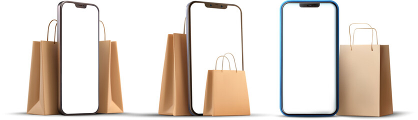 A set of three compositions featuring modern smartphones with blank white screens next to paper shopping bags. Isolated on a white background. Perfect mockup for online store applications, mobile shop