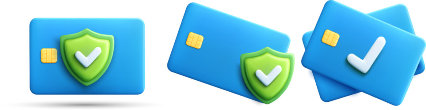 3D vector illustration of blue credit cards with chip, green shield, and checkmark symbol representing secure online payment, safety, and authentication. 