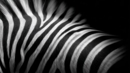 This artistic close-up of zebra stripes highlights the contrasting black and white patterns, symbolizing nature's beauty and uniqueness in a striking monochrome tone.