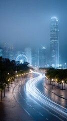 Night Cityscape with Glowing Ferris Wheel and Tall Buildings