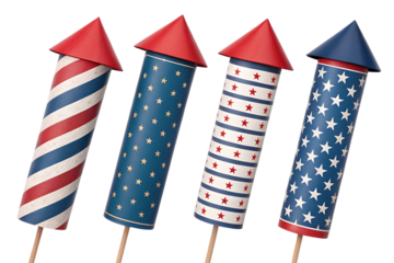 Patriotic firework rockets for independence day celebration on transparent background