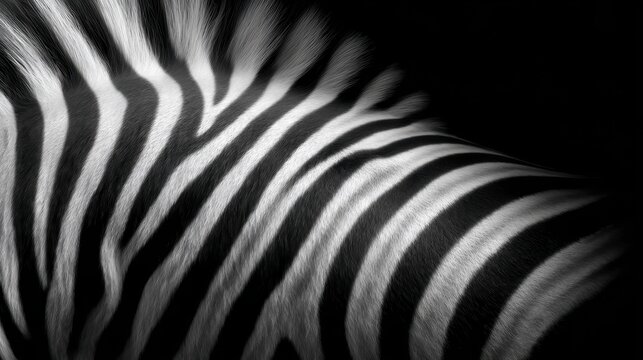 This artistic close-up of zebra stripes highlights the contrasting black and white patterns, symbolizing nature's beauty and uniqueness in a striking monochrome tone.