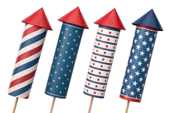 Patriotic firework rockets for independence day celebration on transparent background