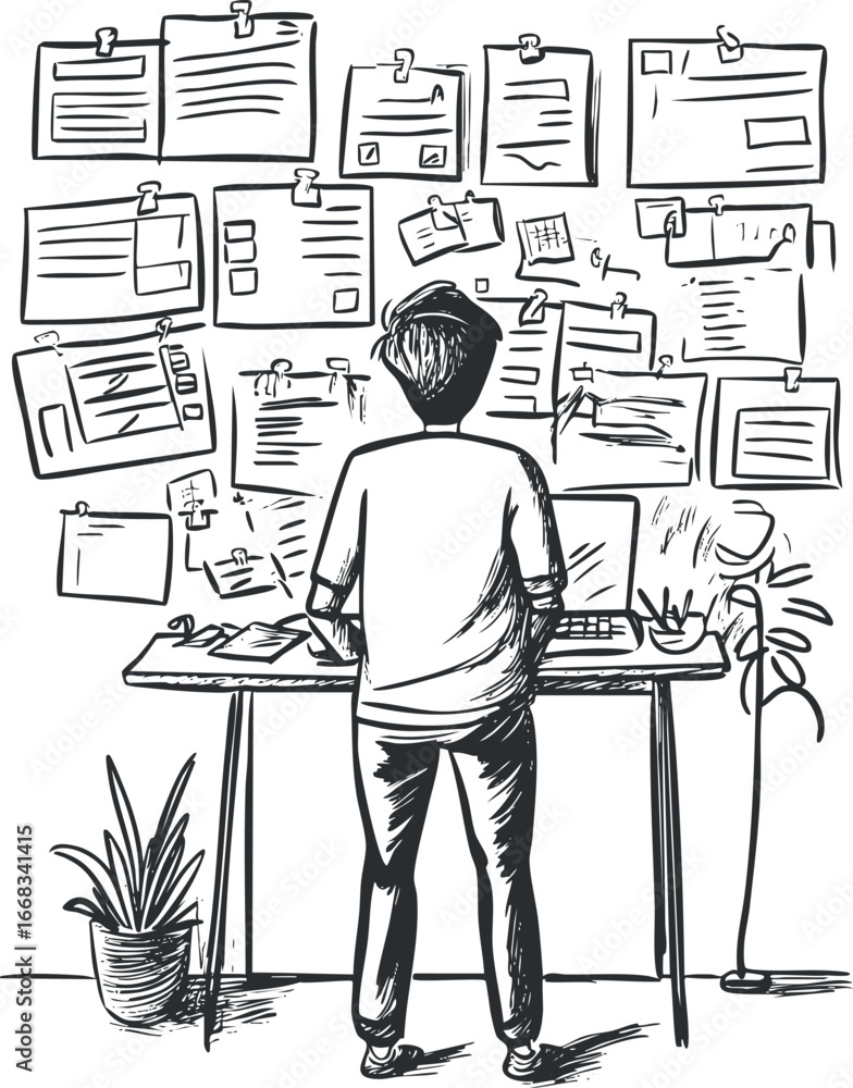 Poster sketch of a person standing at a desk, analyzing notes and documents pinned on a wall for planning a