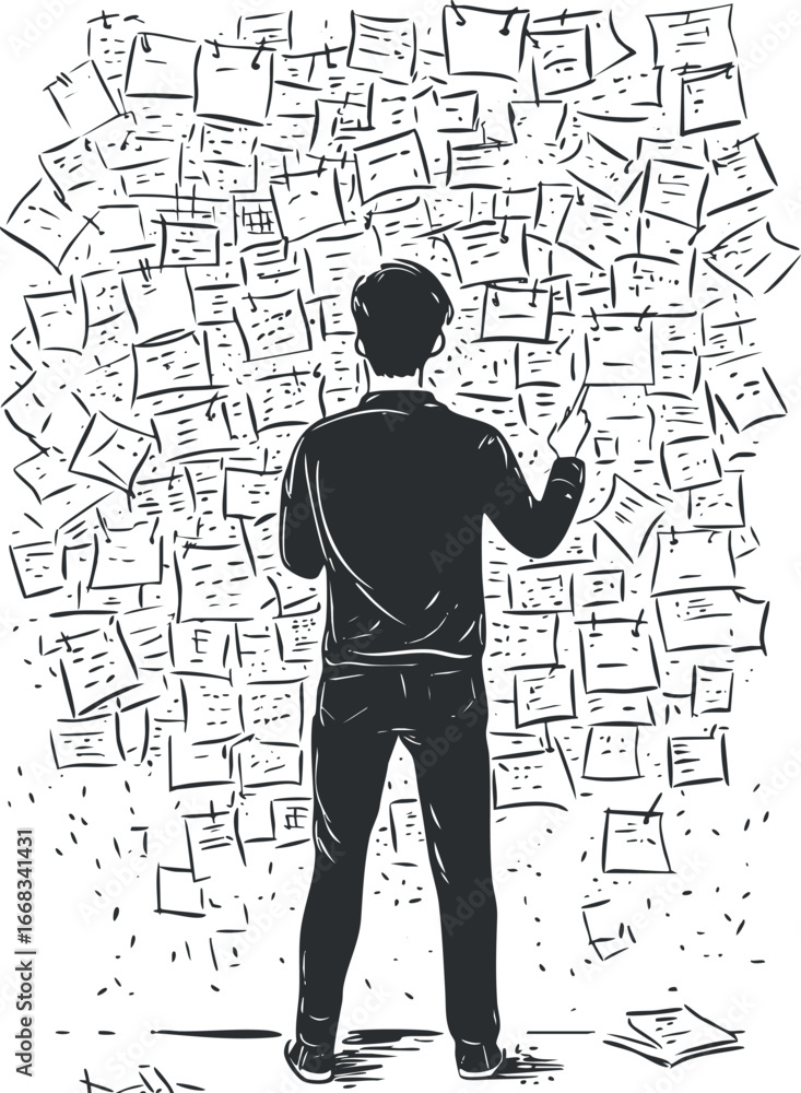 Poster black and white sketch of a man standing in front of a wall covered with numerous papers and notes, 