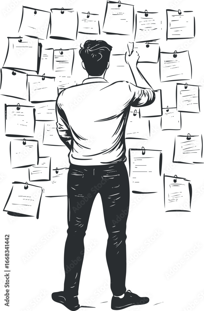 Poster man standing in front of a wall covered with pinned notes and papers organizing ideas and tasks.