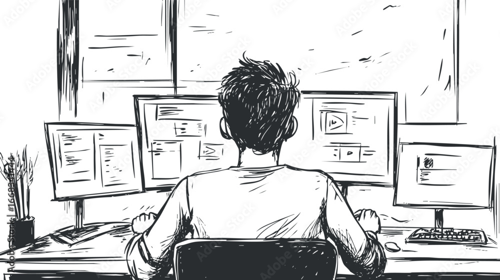 Poster illustration of person working at a desk with multiple computer monitors displaying various content.