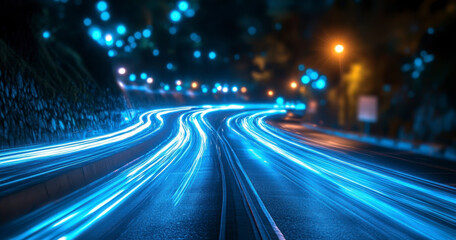 Long exposure of a winding road at night with vibrant blue light trails