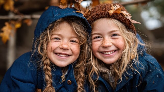 These two adorable children are smiling brightly while wearing cozy jackets and hats, perfectly capturing the essence of joy and friendship during the autumn season.
