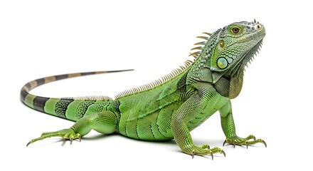 Obraz premium Green Iguana in Crawling Stance with Spiny Crest and Striped Tail on White Background