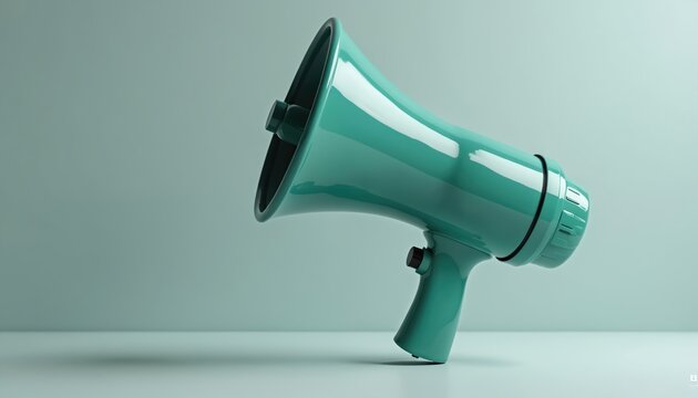Teal green megaphone. Essential tool for announcements, marketing campaigns, public service announcements, information sharing. Symbolizes communication, news, alerts. Clear voice amplification.