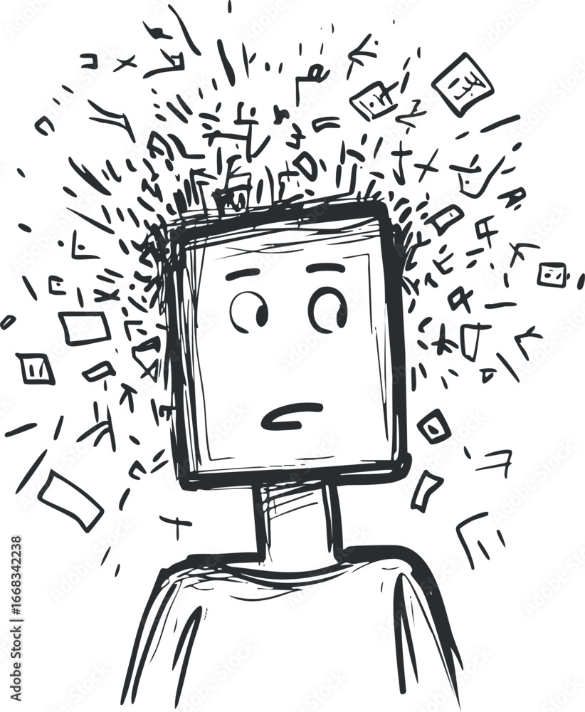 Poster black and white doodle sketch of a person with a square head surrounded by abstract shapes represent