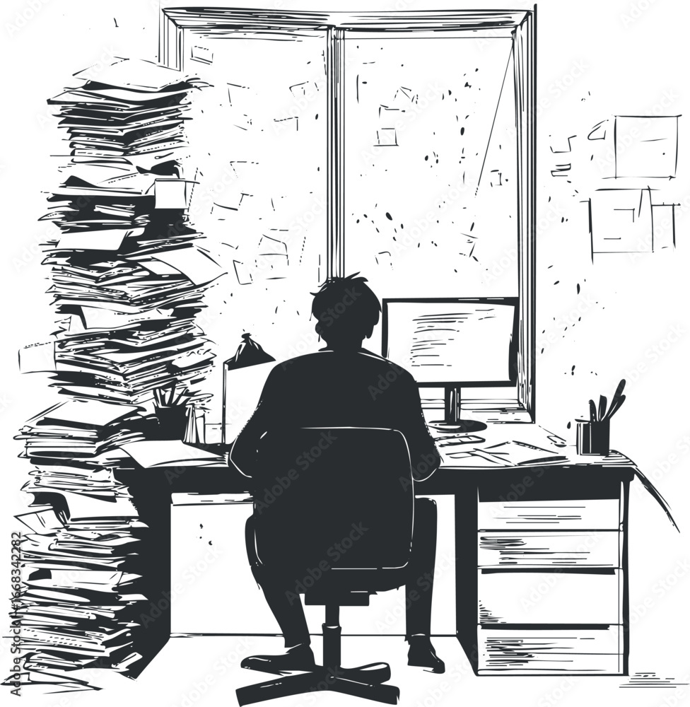 Poster monochrome illustration of a person sitting at a desk cluttered with a huge stack of papers working 