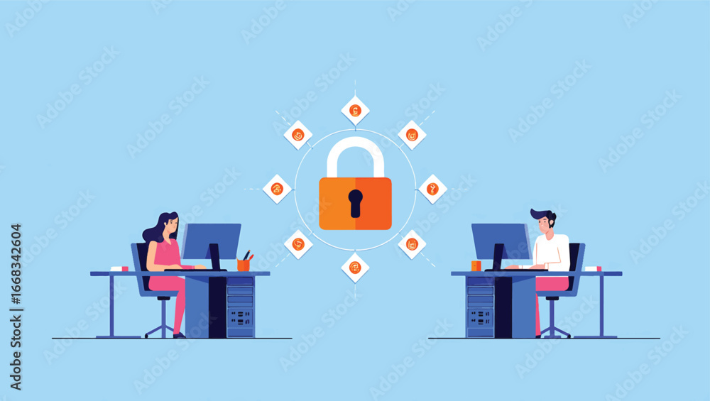 Poster vector illustration of secure network connection and data privacy protection concept with people wor