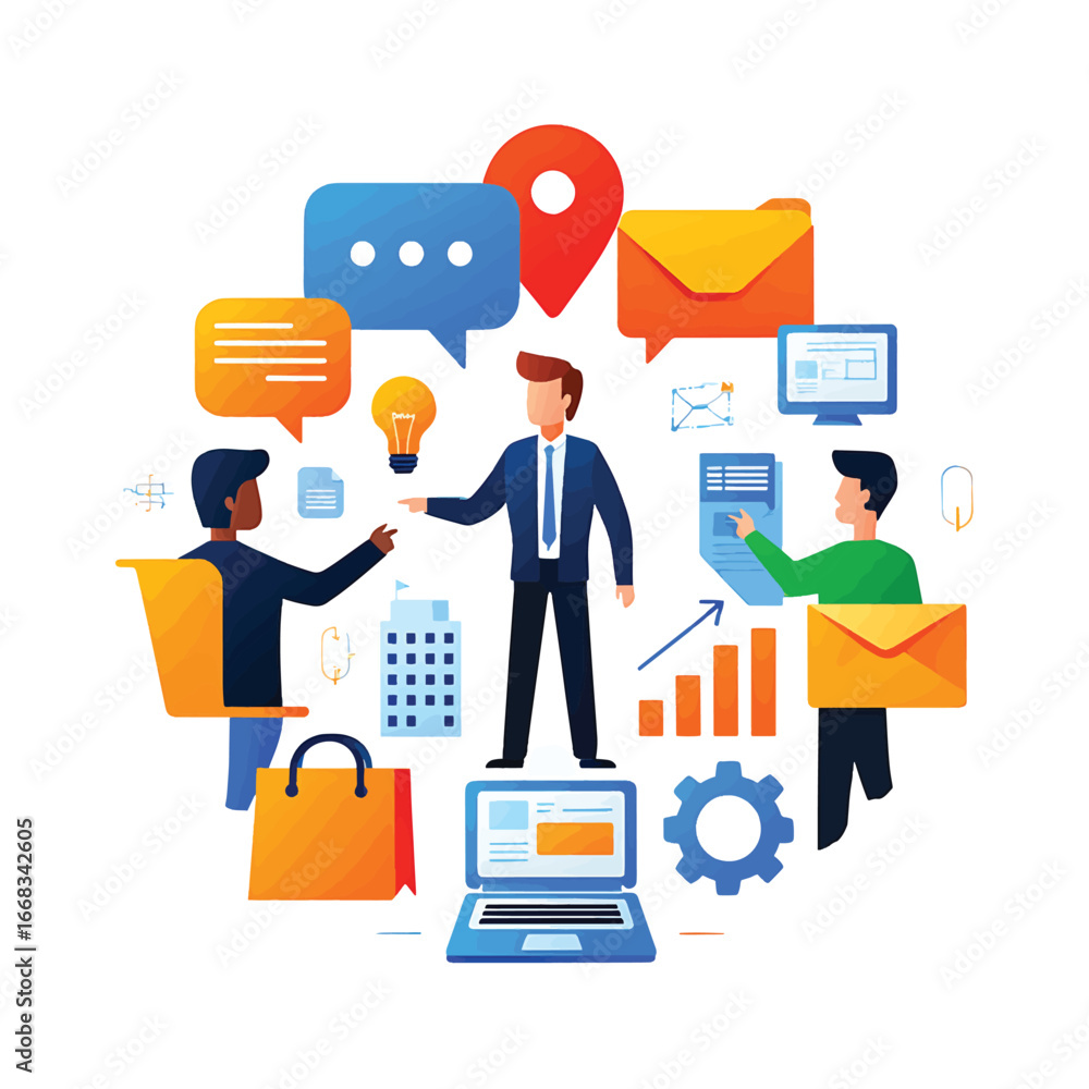 Poster dynamic business team collaboration and communication strategy with digital workflow icons illustrat