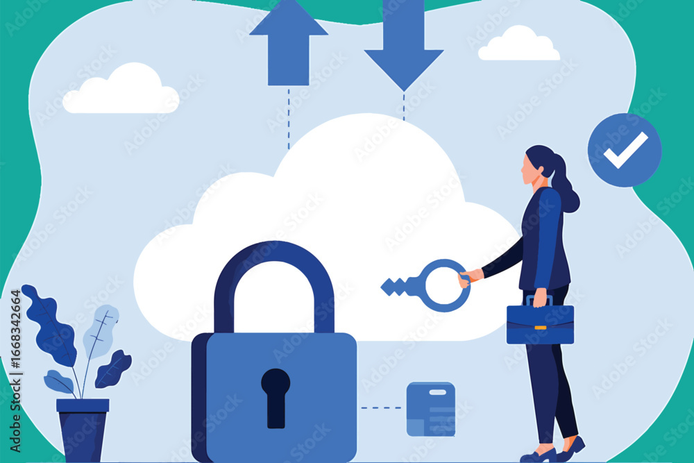 Poster cloud security businesswoman securing cloud data with lock and key for data privacy