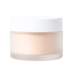 Frosted glass jar with beige cream and white lid