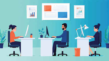 Modern office workspace with employees diligently working on computers, professional business flat vector illustration
