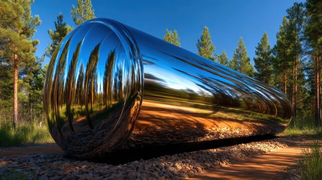 A futuristic, sleek reflective capsule nestled among the trees creates an intriguing contrast between nature and modern design, inviting contemplation of innovation and harmony.