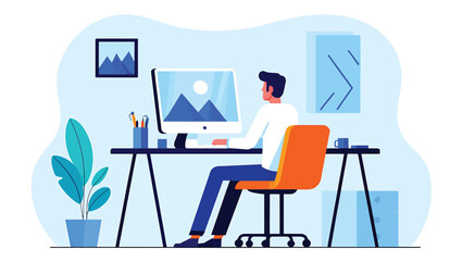 Remote Work Vector Illustration Man Working at Desk