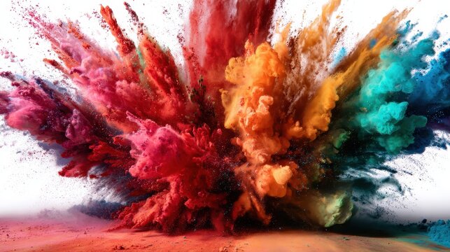 An energetic portrayal of vibrant colored powders exploding into the air, showcasing a dramatic burst of hues that symbolize creativity, joy, and artistic expression.