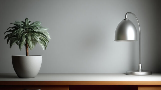 Potted plant desk lamp minimalist workspace modern decor wooden desk home office silver green foliage clean simple