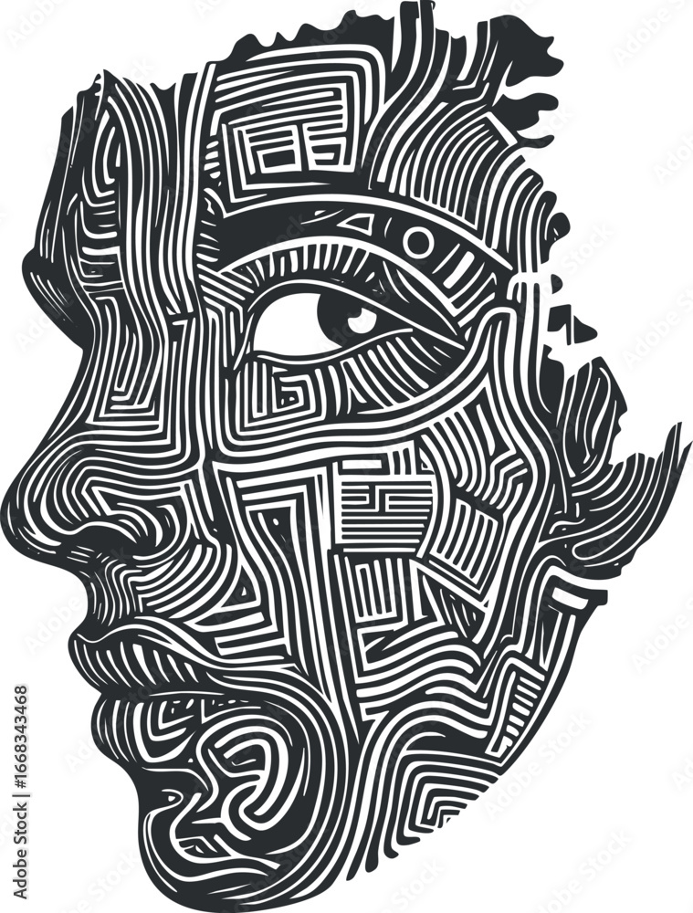 Poster abstract black and white face illustration with intricate maze-like linear patterns and stylized des