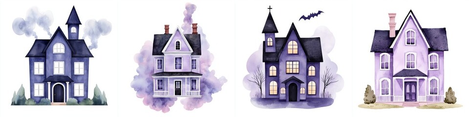 Haunted house with soft pastel fog watercolor illustration featuring four distinct houses in shades of purple. whimsical design evokes mysterious and enchanting atmosphere.