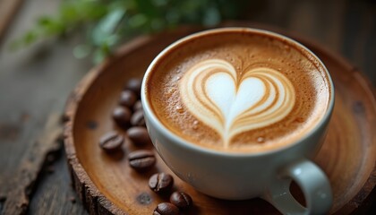Warm inviting coffee cup with latte art heart shape on foam sits on rustic wooden table. Scattered coffee beans. Cozy cafe atmosphere perfect for morning breakfast, relaxation, or social gatherings.