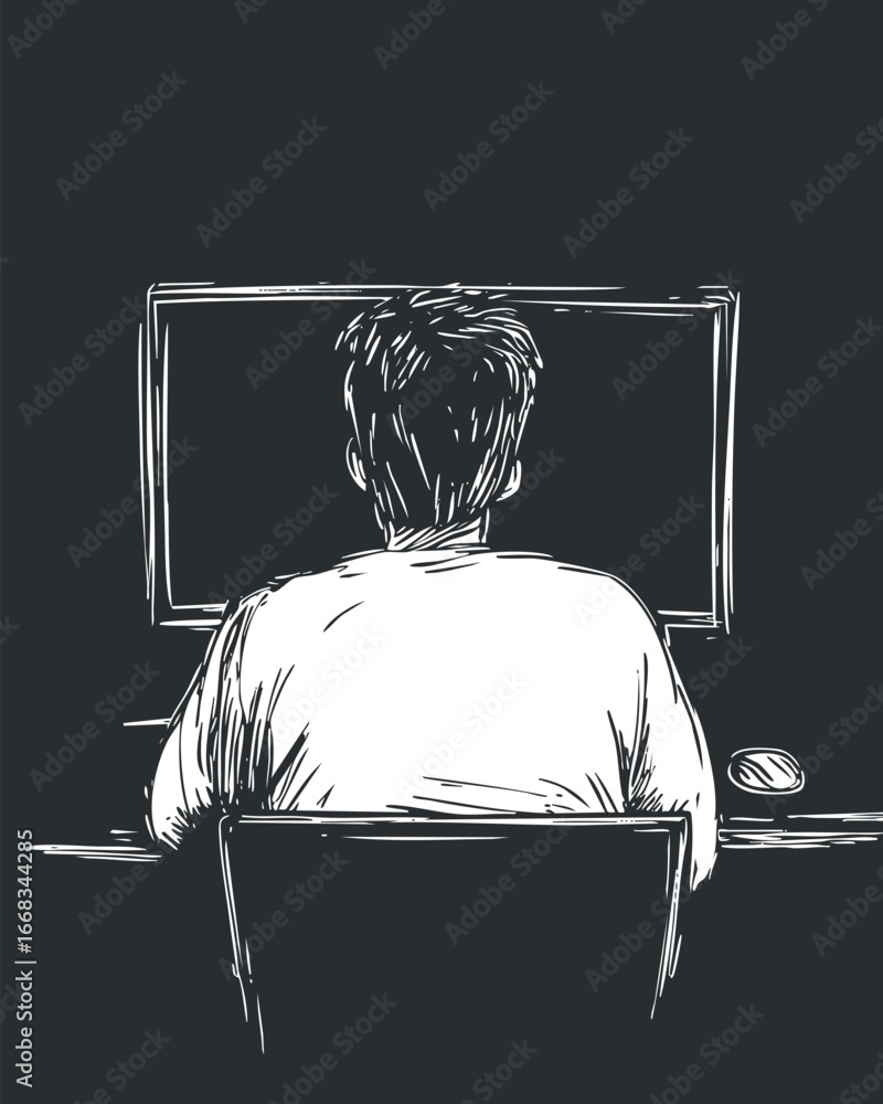 Poster illustration of a person sitting at a desk using a computer with a monitor and mouse viewed from beh