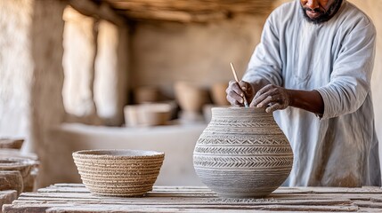 Close Up of Hands Decorating Pottery with Intricate Designs
