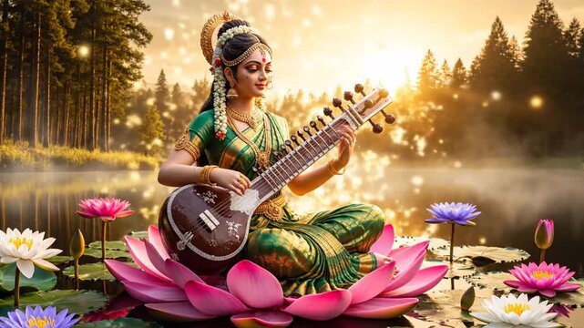 Saraswati on Lotus: Goddess of Wisdom and Art